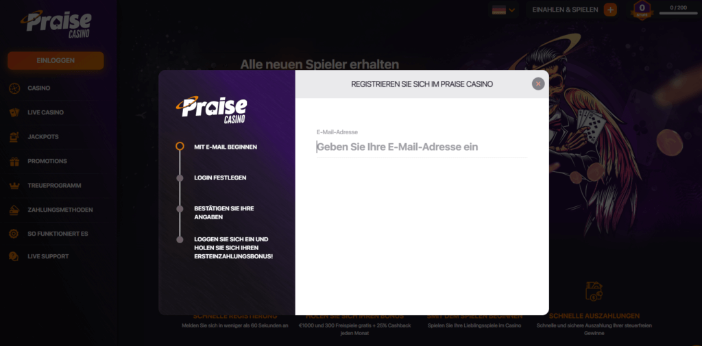 Anmeldung beim Praise Casino
