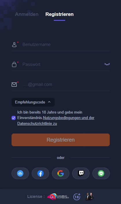 Um im K8 Casino spielen zu können, haben Sie die Option sich per Facebook, Gmail und mehr zu registrieren