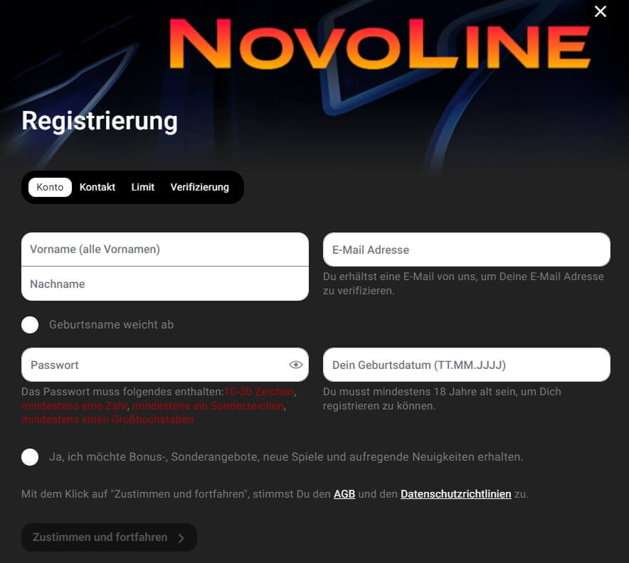 Die Novoline Casino Anmeldung besteht aus vier Schritten, die in wenigen Minuten abgeschlossen sind