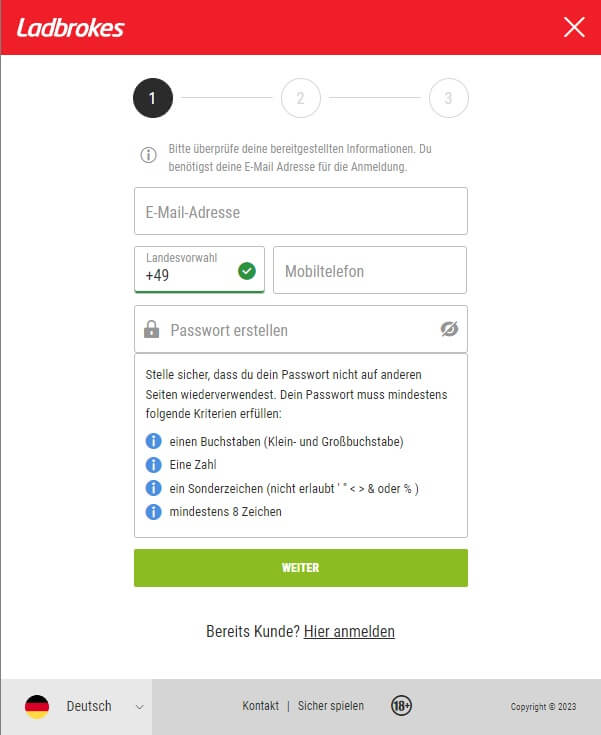 Der erste Schritt der Anmeldung im Ladbrokes Casino erfordert die Angabe der zukünftigen Kontodaten