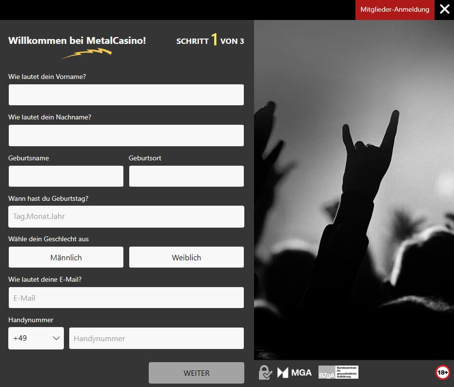 Füllen Sie die Felder der drei Schritte aus, um ein Metal Casino Konto zu erstellen