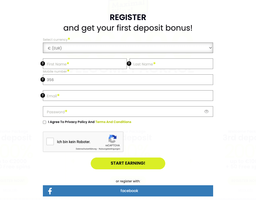 Registrierung bei Maximal Wins