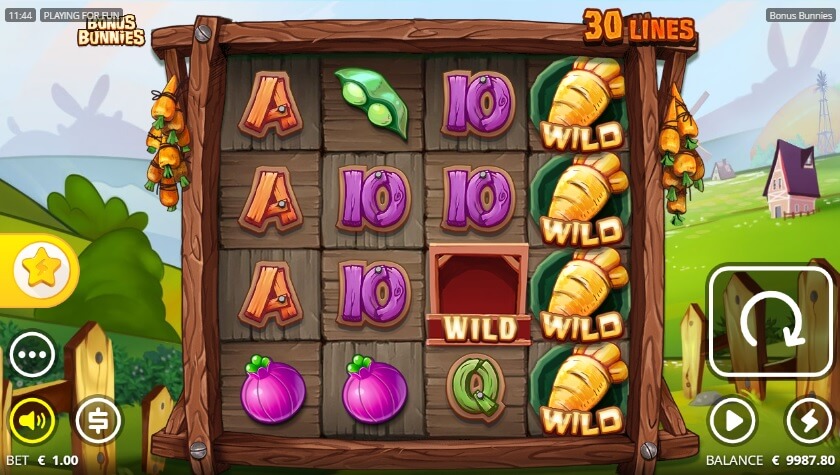 Wilds können beim Bonus Bunnies Slot explodieren und sich über Walzen und Reihen ausweiten