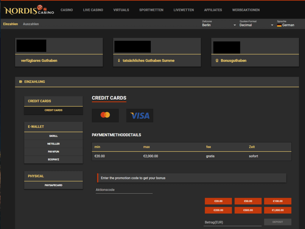 Ein- und Auszahlungen im Nordis Casino