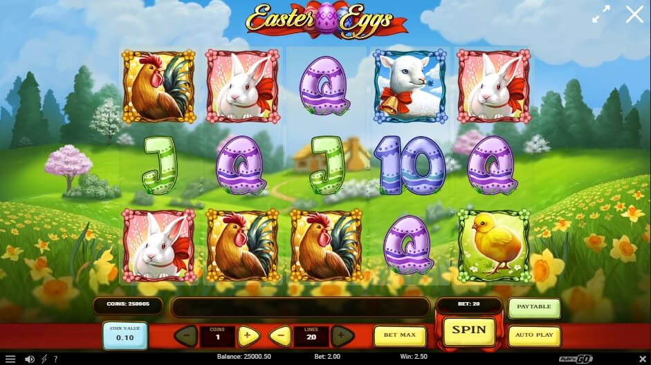 Auf einer Frühlingswiese tummeln sich die tierischen Symbole des Easter Eggs Slots