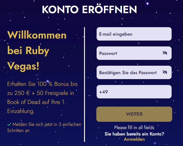 Anmeldung bei Ruby Vegas