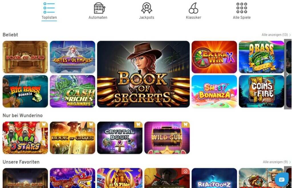 Mehr als 1000 Spielautomaten sorgen im Wunderino Casino für ein abenteuerliches Spielvergnügen