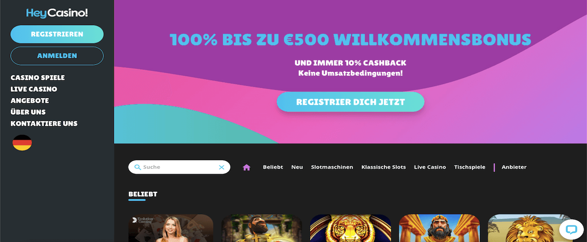 Die HeyCasino Homepage