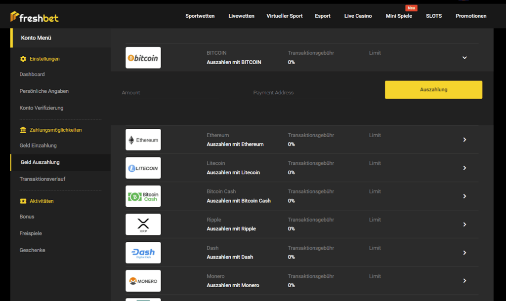 FreshBet Casino Auszahlung